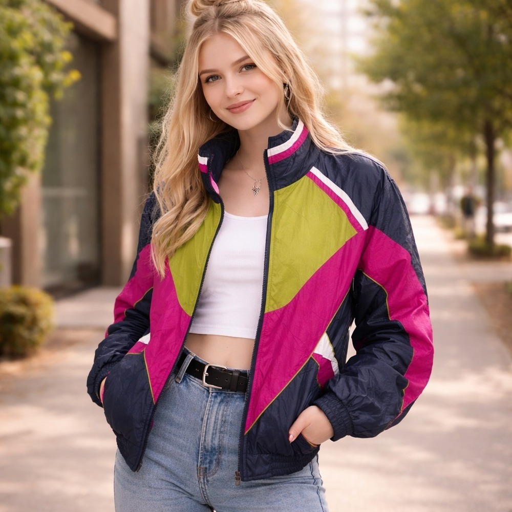 Vintage Avon Windbreaker Womens M Neon Colorblock 80s 90s Retro Streetwear